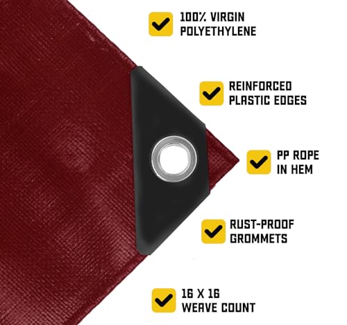 Core Tarps Extreme Heavy Duty 20 Mil Tarp Cover, Waterproof, UV Resistant, Rip and Tear Proof, Poly Tarpaulin with Reinforced Edges for Roof, Patio, Pool, Boat (Maroon/Black 6′ X 8′) - color: Maroon/Black-20 Mil, size: 6′ X 8′
