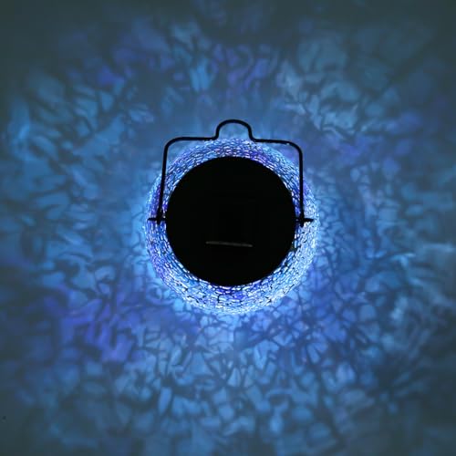 Afirst Mosaic Solar Lanterns Outdoor - Glass Hanging Solar Lights Hollow Out Waterproof Table Lamp Outdoor Decorative for Garden, Patio, Holiday Party Outdoor Decoration - style: ice-blue