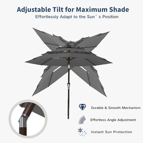 10FT Patio Umbrella 3 Tiers Outdoor Market Umbrella w/Push Button Tilt, Crank, UV and Waterproof Table Umbrella for Garden, Pool, Backyard, Deck, Lawn, Grey - color: Grey