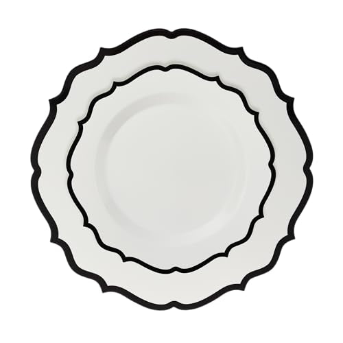 PLASTICPRO 32 Pack Elegant Disposable Plastic Plates Combo Set Includes 16 Dinner Plates and 16 Salad Plate Heavy Duty Fancy Party Plates White & Black Contemporary Design - color: White & Black Contemporary