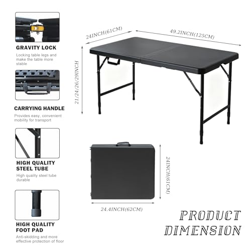 Portable Plastic Folding Table 4ft/6ft/8ft Heavy Duty White Black Picnic Dining Table Fold-in-Half for Camp Party Kitchen Indoor Outdoor - color: Black, size: 4FT, style: Flat Desktop