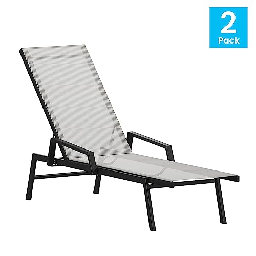 Flash Furniture Brazos Set of 2 Adjustable Chaise Lounge Chairs with Arms, All-Weather Outdoor Five-Position Recliners, Black/Gray - color: Gray/Black, size: Set of 2