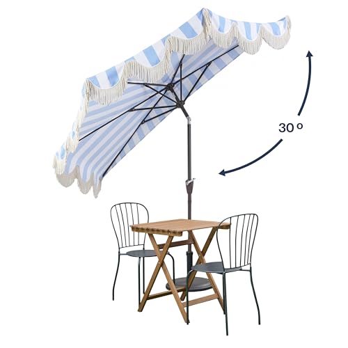 JONATHAN Y Half Umbrella UMB1201C Beverly 9 ft. Designer Classic Scalloped Fringe Market Patio with Crank, Push Button Tilt and UV Protection in Light Blue/White - color: Light Blue/White