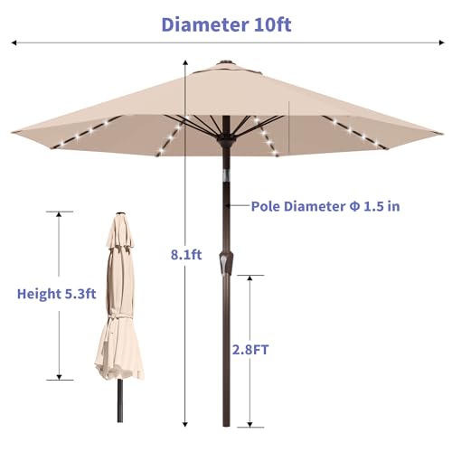 Kingdura 10FT Outdoor Patio Umbrella with Solar Lights, Market Table Umbrella with Push Button Tilt & Crank, 8 Sturdy Ribs, 32 LED Lights, UV Protection for Garden Lawn Deck Backyard Pool (Beige) - color: Beige-LED, size: 10 Ft