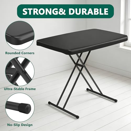 Folding Table 30 Inch - Small Desk Adjustable Height TV Tray for Laptop, Couch, Camping - Heavy Duty Utility Foldable Table for Small Spaces, No Assembly Required, Snowy Granite (Black) - color: Black, size: 30in