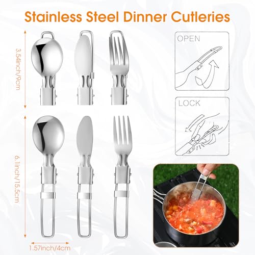 Funnymoom 15 Pcs Camping Cookware Mess Kit Outdoor Cooking Set Stainless Steel with Pot and Pan Kit 2 Set Stainless Steel Cups Plates Forks Knives Spoons for Camping Backpacking Cooking Picnic