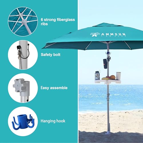 AMMSUN 8ft Large Beach Umbrellas for Sand Heavy Huty Wind Portable Commercial Grade Patio Beach Umbrella with Sand Anchor Adjustable Height Air Vent UPF 50+ Telescoping Pole without tilt Teal - color: Teal
