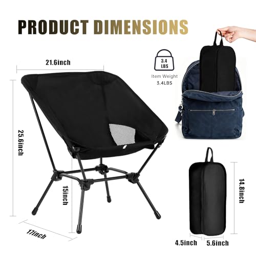 Ultralight Folding Camping Chair, 2-in-1 Height Adjustable, Square Frame for Stability, Quick Setup for Hiking Beach Fishing Motorcycle Travel - color: Black - Low Back