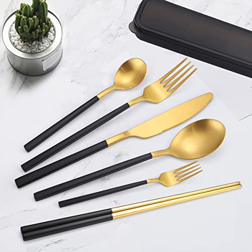 AARAINBOW 6 Pieces Stainless Steel Flatware Set Portable Reusable Cutlery Set Travel Utensils Set Including Chopsticks Knife Fork Spoon Straws Cleaning Brush Dishwasher Safe (B-Black golden) - color: B-Black golden