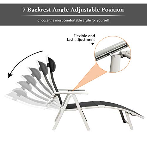 Tangkula Outdoor Folding Chaise Lounge Chair, Lightweight Recliner Chair w/ 7 Adjustable Backrest Positions, Patio Reclining Beach w/Removable Cushion & Pillow for Patio Poolside No Assembly Required - color: Balck