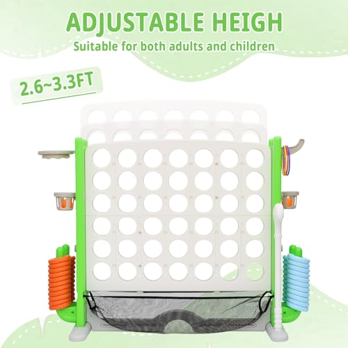 Giant 4-in-A Row Connect Game Set, Height Adjust Jumbo Yard Game for Kids & Adults w/Mesh Catching Bag, Basketball Hoop, Ring Toss & Mini Golf, Family Party 4-to-Score Indoor/Outdoor Games - color: White Green