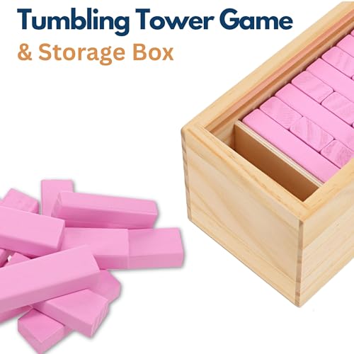 WE Games Wooden Block Stacking Party Game for Adults, Tumble Tower Wedding Guest Book Alternative, Tabletop Games, Includes Storage Case, 12 inches - color: Pink