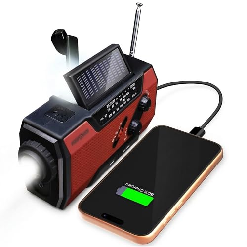 FosPower NOAA Emergency Weather Radio A1 7400mWh Portable Power Bank, AM/FM, USB/Solar/Hand Crank Charging, Battery Operated, SOS Alarm & Flashlight for Indoor/Outdoor Emergency - Red - color: 04 - Model A1 - Red