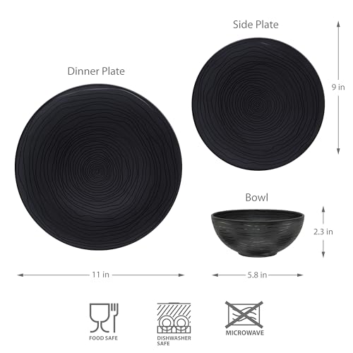 Bzyoo 12 Piece Melamine Dinnerware Set - Durable, Dishwasher Safe Organica Black Plates and Bowls Sets Casual Dish Set for Dining, Outdoor and Kitchen - color: Organica Black