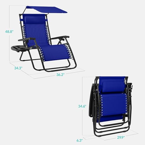 Best Choice Products 30” Wide Folding Zero Gravity Outdoor Recliner Patio Lounge Chair w/Adjustable Canopy Shade, Headrest, Side Accessory Tray - Cobalt Blue - color: Cobalt Blue, size: Oversized Extra Wide