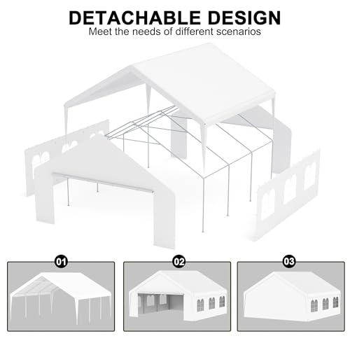 Carport 20x20 Party Tent Heavy Duty Canopy Waterproof Outdoor Storage Shelter Portable Garage w/Removable Sidewall Windows Canopy Tent for Wedding Event Backyard Barbecues Parties, White - size: 20x20 FT