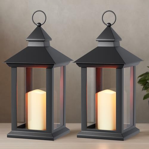 Lanterns Decorative Indoor, 2 Pack Black Decorative Flameless Candle Lanterns with Timer, Vintage 14" Waterproof Hanging Outdoor Lanterns, Battery Operated for Porch, Patio, Wedding Decor - color: Black-2pcs