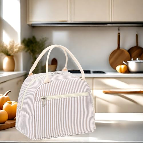 LEDAOU Lunch Box for Women Insulated Lunch Bag Corduroy Lunch Tote Bags Leakproof Cooler Lunch Case for Travel Work Picnic - color: Khaki stripes