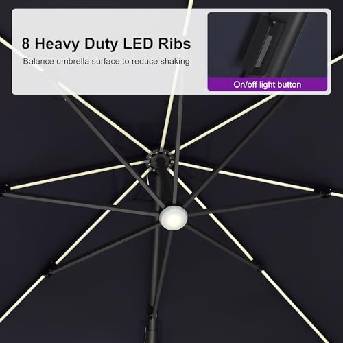 PURPLE LEAF 10 Feet Patio Umbrella Outdoor Cantilever Solar Powered LED Swivel Square Umbrella Aluminum Offset Umbrella with 360-degree Rotation for Garden Deck Pool Patio, Navy Blue - color: Navy Blue, size: 10' X 10', style: Left-right Tilt（LED）