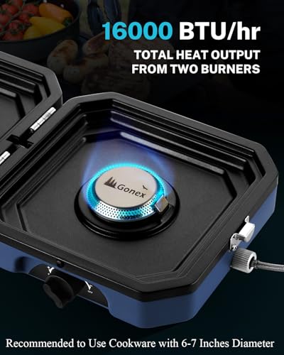 Gonex Camping Stove with 2 Burner Griddle & Grates, Portable Foldable Cooking Stove with Total 16,000 BTU, Two Piezo Ignition Adjustable Burners for Camping (Blue) - color: Blue