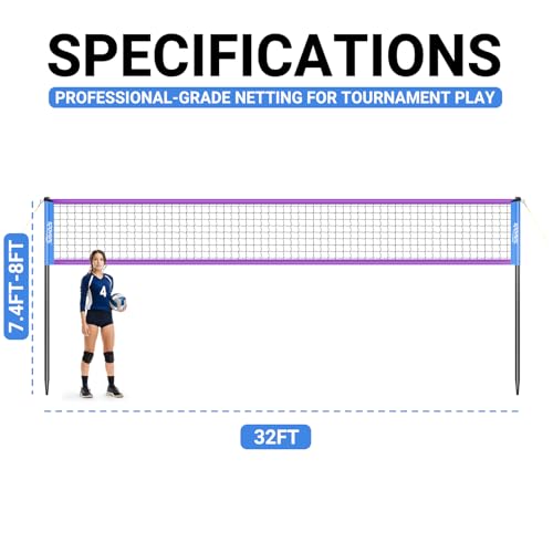 SPOYNAL Portable Volleyball Net for Backyard & Beach - 20FT/32FT Outdoor Volleyball Set with Adjustable Height (8ft/7.8ft/7.4ft), Boundary Line, Volleyball, Pump & Carry Bag - style: 32FT-Purple