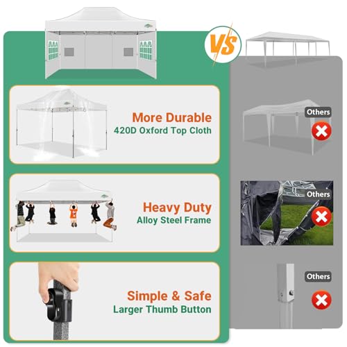 COBIZI 10x15 Heavy Duty Pop Up Canopy Tent with 4 Sidewalls Thicken Frame, Commercial Easy Up Outdoor Wedding Party Tents, All Season Waterproof Windproof with Stakes Sandbags Ropes Bag, White - color: White, size: 10x15