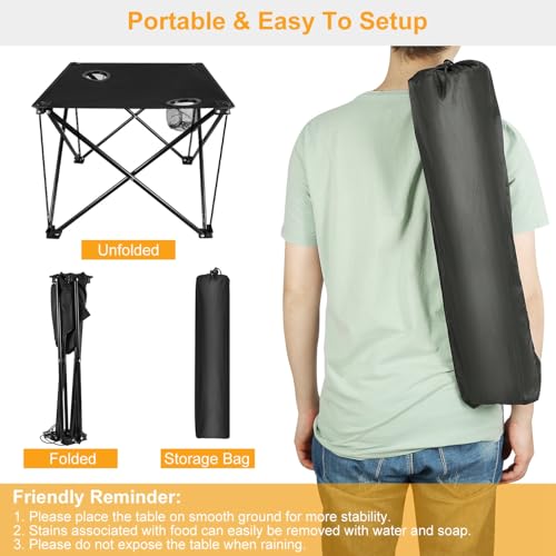 KOCASO 1Pc Foldable Camping Table Portable Picnic Table Lightweight Travel Desk with 2 Cup Holders Carrying Bag - color: Black
