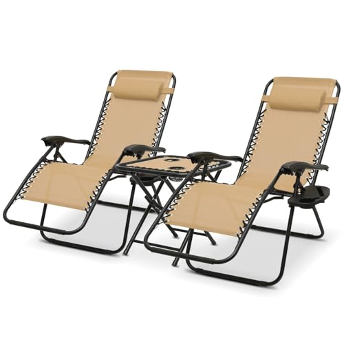Athena Collection Zero Gravity Outdoor Lounge Chair Set of 2 with Side Table, 25" Width Pool Lounge Lawn Chairs Reclining with Cup Holder, Outdoor Chaise for Beach Patio Backyard Outside, Beige - color: Beige, style: 25" Width