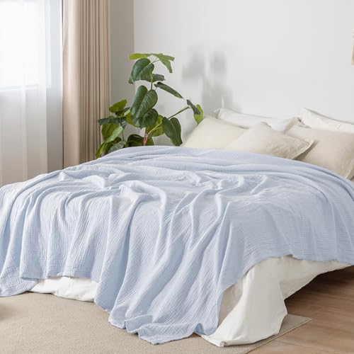 PHF 100% Cotton Muslin Blanket Queen Size 90"x90", 4-Layer Lightweight Gauze Throw, Breathable Cloud-Soft Minimalist Blanket for Bed, Couch, Camping, Ancient Water, Ideal Gift - color: 05 - Ancient Water, size: Queen Size(90"x90")