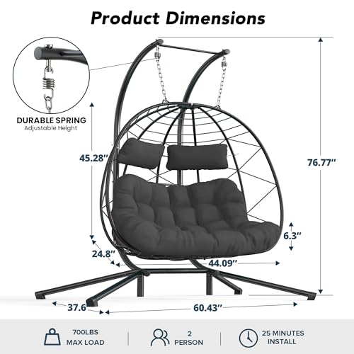 Easyego 2-Person Wicker Hanging Egg Chair with Stand- 700 lb Capacity, Indoor/Outdoor Double Egg Swing Hammock Chair for Patio, Garden, Porch, Living Room, Bedroom-Dark Grey - color: Grey, size: 1 pack