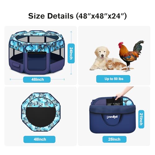 48" Large Pop Up Dog Playpen & Whelping Box for Dogs, Portable Foldable Puppy Playpen with Waterproof Bottom, Pet Tent Exercise Pen for Camping/Indoor, Includes Bowl & Carry Bag