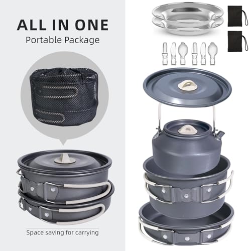 13-Piece Camping Cookware Set with Anti-Scald Silicone Handles, Lightweight Non-Stick Aluminum Pots and Pans, Compact Mess Kit for Backpacking & Survival