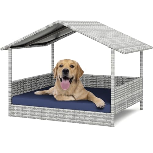 Wicker Dog House Outdoor, Waterproof HDPE Dog Bed with Canopy, Raised Dog Cot Pet House, Elevated Dogs Sofa Tent, Soft Cushion w/Removable& Washable Cushion Cover - style: Navy Blue