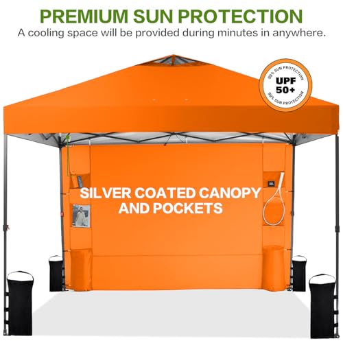 Tunbne 10'x10' Pop Up Canopy Tent with 1 Sidewall and 6 Pockets, One Push Setup, Instant Shade Tent with Vented Roof for Beach Patio Outdoor, Case, 8 Stakes, 4 Ropes, 4 Sandbags (Orange, 10x10) - color: Orange, size: 10x10