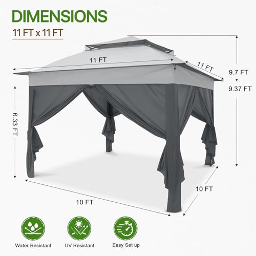 COOS BAY 11x11 Pop Up Gazebo with 4 Sidewalls, Instant Outdoor Canopy Tent with UPF 50+ UV Protection, Water Resistant Shelter with Carry Bag, Stakes & Ropes, Gray - color: Gray