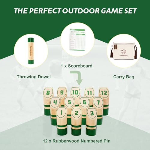 SunNordic Wooden Throwing Game Set, Numbered Block Toss Games with 1 x Scoreboard,12 x Premium Rubber Wood Pins & 1 x Dowel, Outdoor Backyard Lawn Bowling Yard Game for Kids, Adults & Family - color: Green