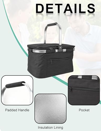 Large Picnic Basket Insulated, Foldable Shoping Basket Cooler Bag, Leakproof Picnic Baskets with Handle and Lid for Camping Outdoor Birthday Lunch BBQ Travel Beach(Black, 17.7x10.2x9.8in) - color: Black, size: 17.7 x 10.2 x 9.8 in