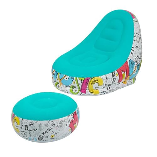 Inflatable Lounge Sofa with Foot Stool,Portable Flocking Recliner Chair Air Couch for Adult,PVC Blow Up Lounger Chair for Home Outdoor (Blue+Graffiti(No Pump)) - color: Blue+graffiti(no Pump)