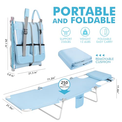3 in 1 Women Comfort Backpack Beach Tanning Lounge Chair with Cushion Face Hole Softer Padded Adjustable Washable, Folding Layout Sun Chair for Adults Outside Reading Sunbathing Poolside, 6 Position - color: Light Blue / 1 Pack