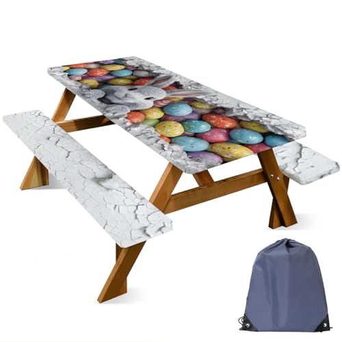 ANNA QUEEN Easter Bunny 6FT Picnic Table Cover with Bench Covers Set of 3 with Drawstring Bag, Bunny & Easter Eggs 72"x30" Waterproof Picnic Tablecloth & Bench Covers for Outdoor Party - color: #60