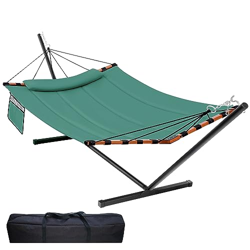 TegerDeger 12FT 2 Person Hammock with Stand Included 55 x 79IN Large Hammock 450LB Capacity with Hardwood Spreader Bar & Nylon Rope for Outside, Patio, Garden, Backyard, Beach - Deep Lake Blue 2 - color: Lake Blue