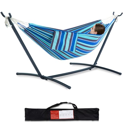 PNAEUT Double Hammocks with Stand for Outside, Portable Space Saving Heavy-Duty Steel Stand for Indoor Outdoor Patio with Carrying Bag, 450 lbs Capacity (Blue Lagoon) - color: Blue Lagoon