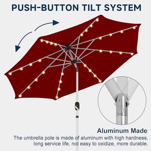 9FT Aluminum Patio Umbrella with 40-LED Solar Lighted, Fade-Resistant Outdoor Market Table Umbrella with Push Button Tilt Function, 8 Sturdy All-Aluminum Ribs for Gardens, Decks, Backyards & Pools - color: Burgundy, size: 9FT 40LED-1Tier (Aluminum Umbrell