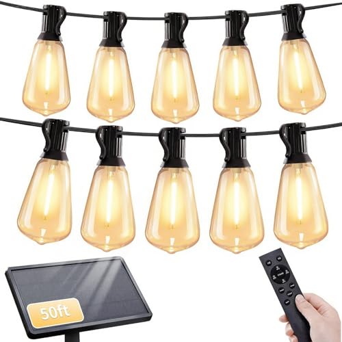 SANBEN 50ft Solar String Lights with Remote, 25+1 Bulbs Solar Patio Lights Outdoor Waterproof, Solar Powered Dimmable Deck Lights for Garden Porch Party - size: 50ft-ST38