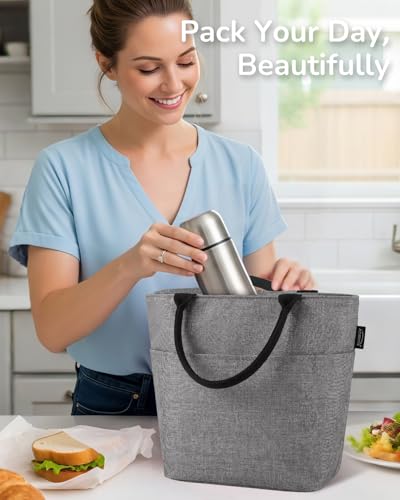 Aosbos Lunch Tote Bag, Insulated Lunch Box for Women, Leakproof Lunch Cooler Purse for Work, Grey - color: F. Grey
