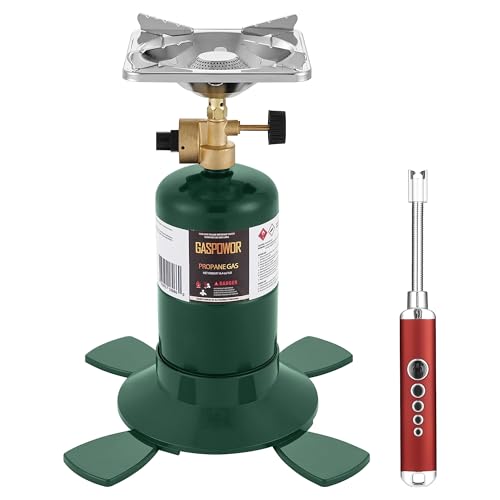 Propane Cylinder Top Stove with Adjustable Burner, 10000BTU Portable Camping/Backpacking Cooker,Camping Stove Propane,Single Burner Propane Stove with a USB Ligther,Camp Gas Stove(Fuel not included) - color: Green