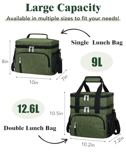 Insulated Lunch Bag for Men & Women, Double Leakproof Lunch Box Soft Cooler Tote with 5 Pockets, 600D Oxford, EVA Lining, Adjustable Strap for Work, Picnic, Beach&Travel-Army Green - color: Army Green, size: Double