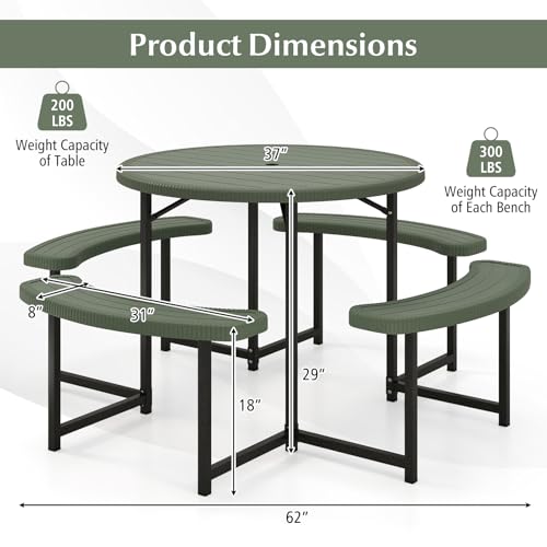 Giantex Picnic Table Bench Set for 4-8 Person, Round 37” Outdoor Dining Table w/Umbrella Hole, HDPE Tabletop, Metal Frame, Patio Furniture Set for Backyard Porch Lawn, 1400lb Capacity (Green,Round) - color: Green, size: Round-37"x37"x29"