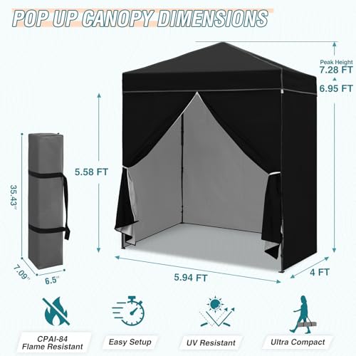 EAGLE PEAK 6x4 Instant Pop Up Canopy Tent with 4 Side Wall Panels, Straight Leg Sun Shelter, Portable Canopy with Carry Bag for Camping, Beach & Sports, Black - color: Black, size: Four Walls