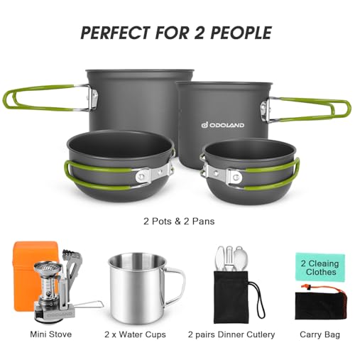 Odoland 16pcs Camping Cookware Mess Kit, Lightweight Pot Pan Mini Stove with 2 Cups, Fork Spoon Kits for Backpacking, Outdoor Camping Hiking and Picnic